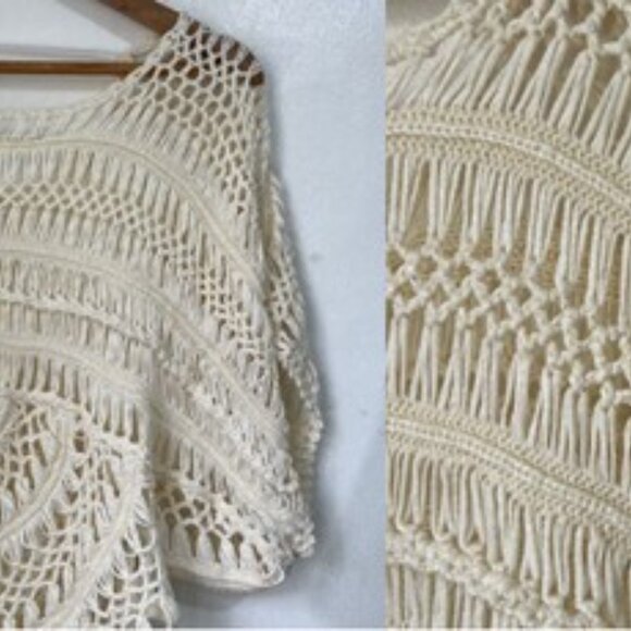 Buffalo lace crochet knit womens top cropped poncho boho color vanilla sz Large - Picture 12 of 16